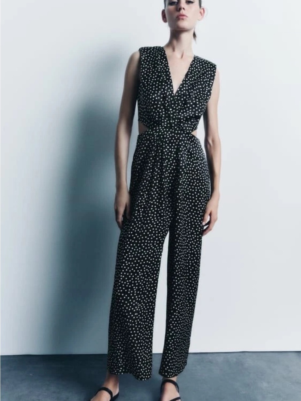 Zara Black Polka Dot Cutout Wide-Leg Jumpsuit